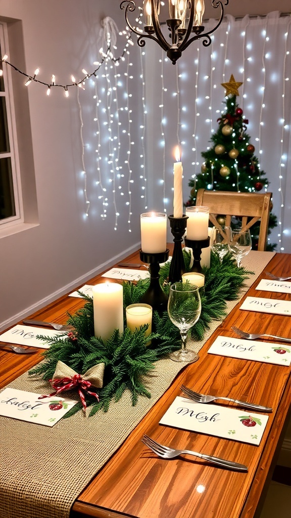 DIY Christmas Table Decorations A festive Christmas table setting with DIY decorations, including candles, greenery, and place cards.